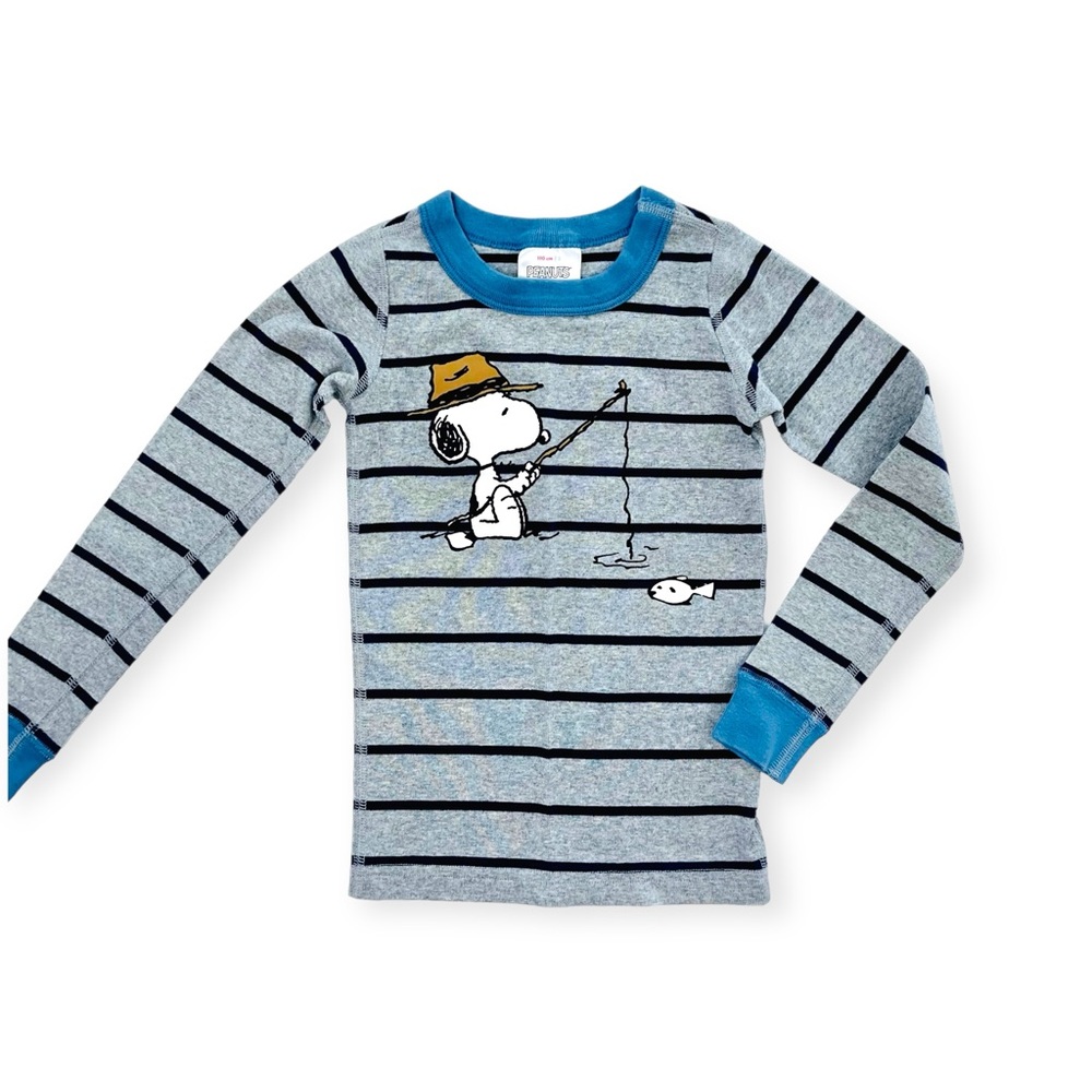 Hanna Andersson, Peanuts: Grey and navy blue striped, long sleeve, pajama top.